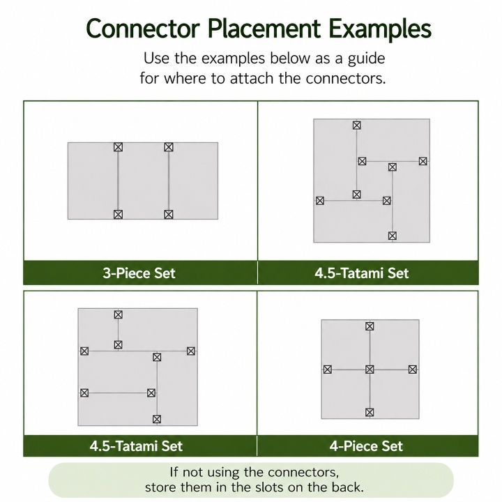 Japanese Igusa Tatami Floor Mat Agura for Zen Floor Living - Connector placement examples Japanese Igusa Tatami Floor Mat Agura for Zen Floor Living - Connector placement examples