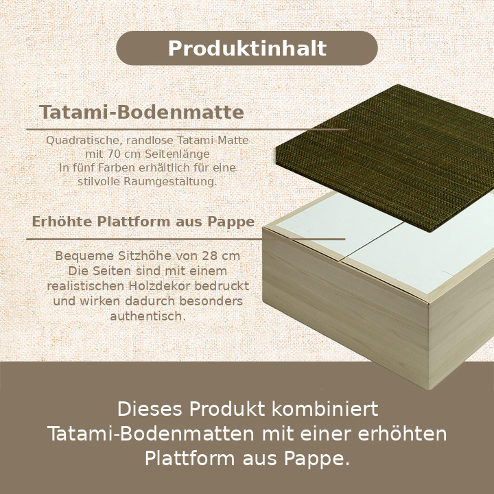 Produktinhalt der Tatami-Matten und der erhöhten Plattform