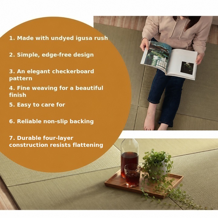 Natural igusa tatami mat features including undyed igusa and non-slip backing Natural igusa tatami mat features including undyed igusa and non-slip backing
